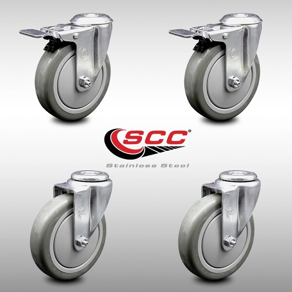 5 Inch SS Gray Polyurethane Swivel Bolt Hole Caster Set with 2 Total Lock Brake